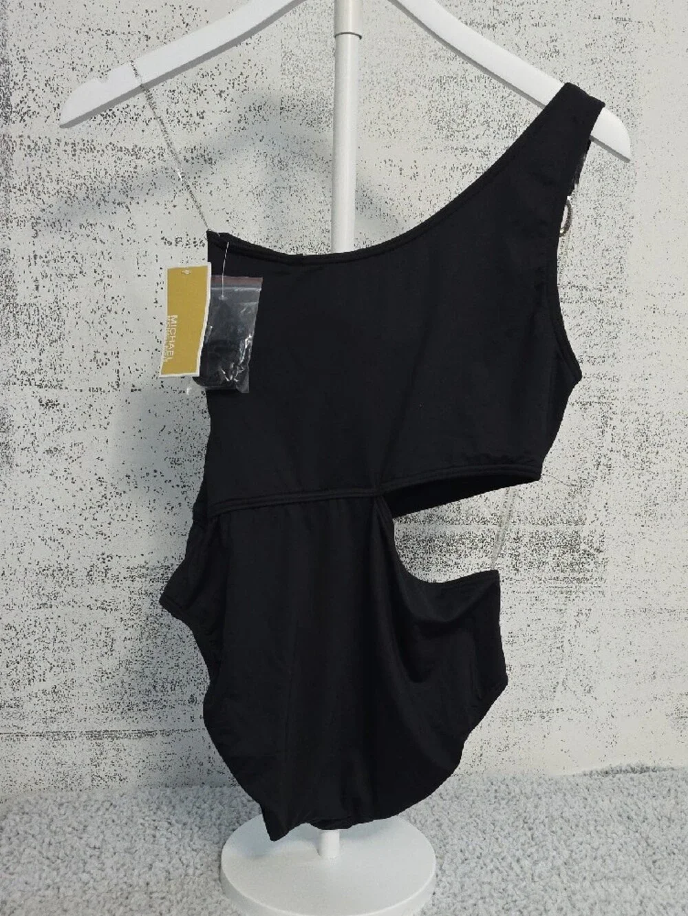 Michael Kors Black One-Shoulder Swimsuit with Silver Ring Strap